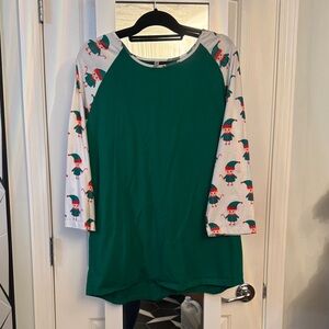 Green and White Raglan Sleeve Top with Elf Print Holiday Christmas